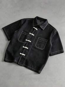 ROMWE MEN Essentials 男士休闲时尚街头日常通勤撞色缝线纽扣中国风牛仔衬衫，夏季 - 彩色 - 查看 6