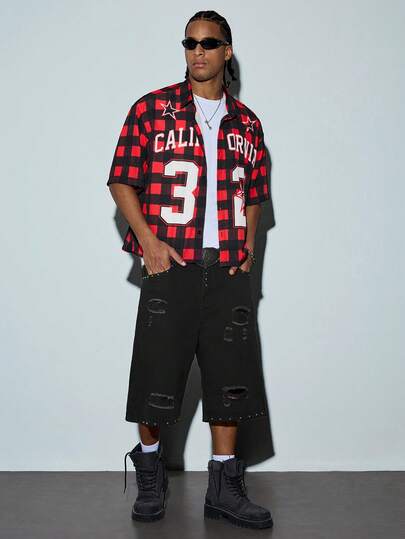 Modcrash Men's Loose Red And Black Plaid Short Sleeve Shirt With California And Number 32 Print