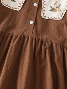 SHEIN Vestido Fofo com Colarinho de Marinheiro, Mangas Farol e Estampa Floral para Meninas Adolescentes - Castanho - Visão 4