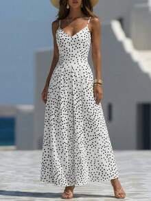 SHEIN LUNE French Retro Tropical Polka Dot V-Neck Adjustable Strap Ruched Flared Dress For Women Vacation White With Black Polka Dots Summer - Multicolor - View 7
