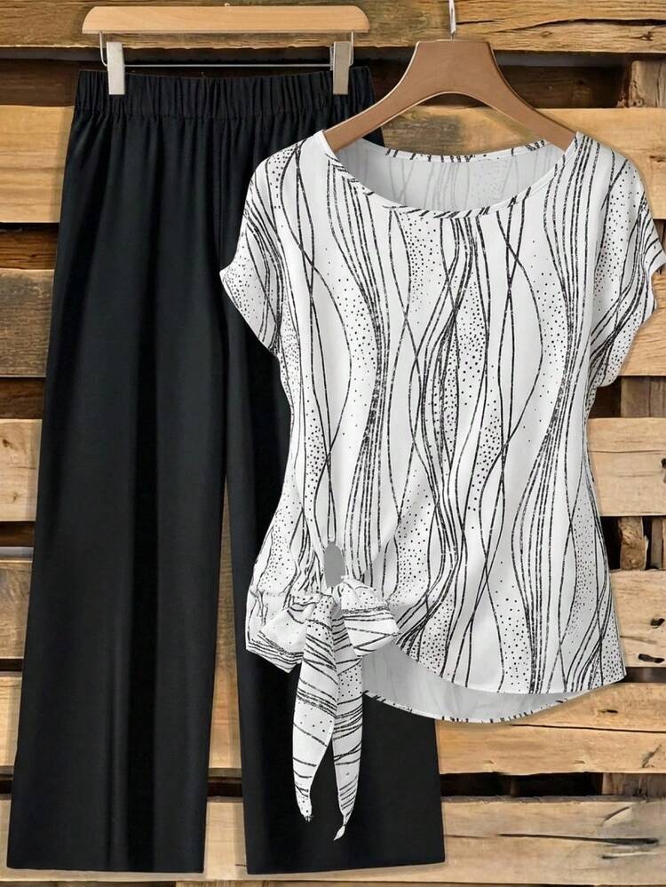Women's Striped Side Tie Shirt And Pants Casual 2 Pieces Set Summer Outfits For Women Casual Sets For Women Work Outfits For Women Office Outfits For Women Two Piece Set Women Elegant Two Piece Set For Women Summer Two Piece Set 2-Piece Going Out Sets For Women Matching Sets For Women Women's Blouse Set Coords For Women Casual Classy Pinterest Outfit Coords For Women Summer Outfit Buisness Casual Outfit Women