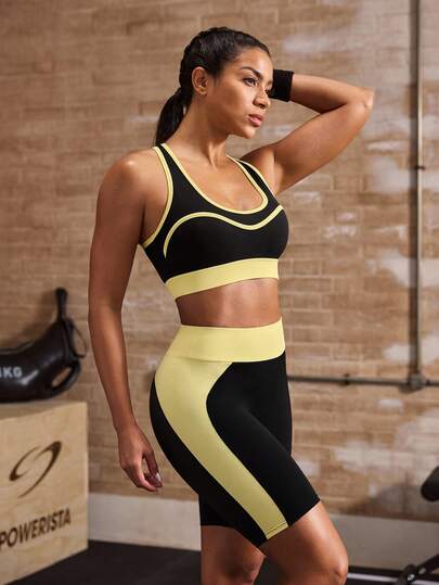 Powerista Bộ đồ thể thao nữ thường ngày gồm áo tank top và quần short bó sát phối màu tương phản.