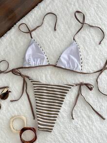 SHEIN Swim SXY Bộ bikini buộc cổ bằng vải jacquard dành cho nữ, mùa xuân/hè. - Nhiều màu - Xem 2