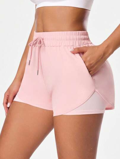 SHEIN Core Rhythm Pantalones cortos deportivos, de yoga, para exteriores y gimnasio para mujeres, diseño de 2 en 1 con bolsillos con cremallera doble en un lado y bolsillo con cremallera individual en el otro lado