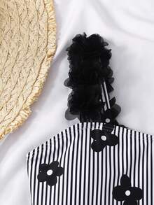 SHEIN 少女可爱碎花条纹蝴蝶结装饰连体泳衣，夏季 - 黑與白 - 查看 5
