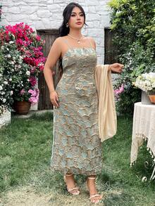Modelyn Plus Size Women's Jacquard Tube Dress & Sheer Chiffon 3/4 Sleeve Fitted Elegant Long Thin Cardigan 2-Piece Set - Mint Green - View 6
