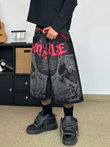 STEELVANCE 復古圖案磨損貓鬍鬚字母印花寬鬆直筒休閒牛仔短褲，時尚街頭風夏季日間灰色 - 黑色 - 查看 6