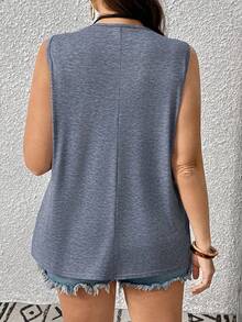 Áo tank top dệt kim không tay cổ chữ V phối ren, màu trơn, dáng rộng dành cho nữ, cỡ lớn. - Màu xanh lam - Xem 2