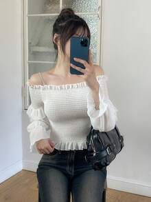 韩版女士荷叶边袖长袖衬衫 - 白色 - 查看 7