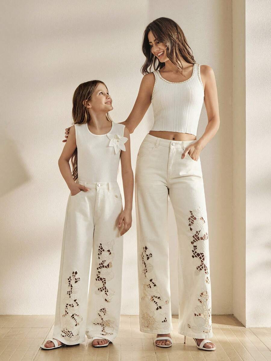 Girls' Openwork Embroidered Vacation Style Beige Long Pants, Spring/Summer - Beige - View 1