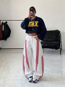 StreetHx Denim Casuais Soltos de Perna Larga com Listras e Bolsos para Mulheres - Branco - Visão 7