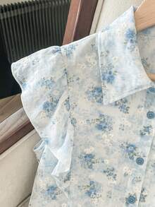 Seusyu Women's Digital Print Floral Ruffle Sleeve Blouse, Fashionable & Age-Reducing, Spring/Summer - Blue - View 3