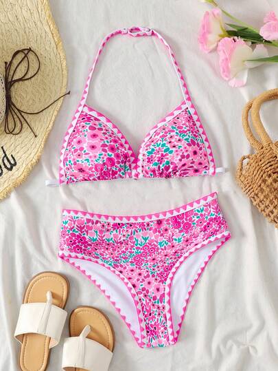 SHEIN Bộ bikini hai mảnh họa tiết hoa nhí nhiều màu sắc dành cho bé gái tuổi teen, thích hợp cho kỳ nghỉ hè, đi biển.