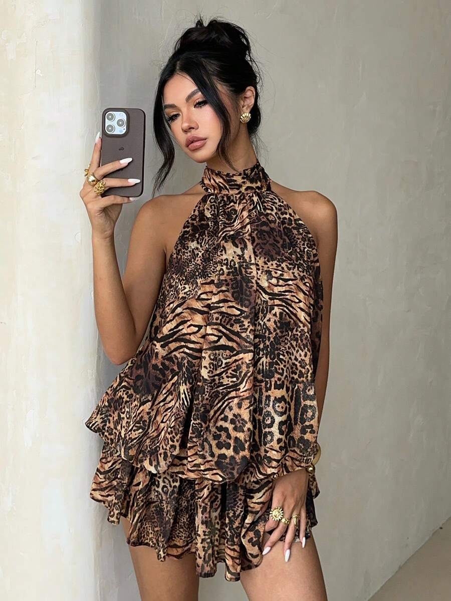 Aloruh Váy ngắn hở lưng họa tiết da báo gợi cảm dành cho nữ, váy đi nghỉ mát, trang phục đi biển. - Nhiều màu - Xem 1