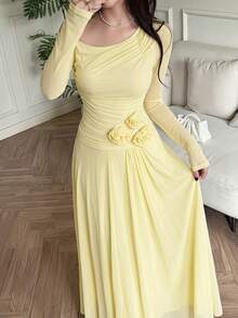 Feyla Vestido elegante de mujer con decoración floral 3D de unicolor - Amarillo - Ver 4
