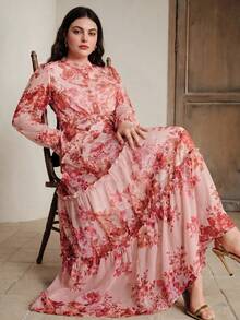 Anewsta Spring & Summer New Arrival Stand Collar Dopamine Floral Print Elegant Maxi Dress, Fashionable Vacation Style, Suitable For Valentine's Day Outfit - Multicolor - View 3