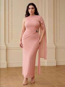 ZEYLAH Elegant Ruched Off-Shoulder Fitted Long Dress, Spring/Summer - Pink - View 5
