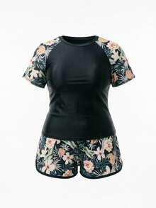 Swim SPRTY Conjunto de 2 piezas de traje de baño para mujer talla grande: Camiseta de manga larga con estampado aleatorio y shorts sueltos - Negro - Ver 6