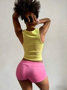 StreetHx Petite Women's Hot Pink And Yellow Printed Tank Top + Printed Shorts 2 Pieces Set, Petite Women Gym Summer Y2k - Multicolor - View 2