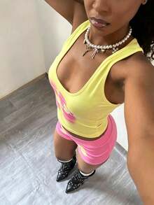 StreetHx Petite Women's Hot Pink And Yellow Printed Tank Top + Printed Shorts 2 Pieces Set, Petite Women Gym Summer Y2k - Multicolor - View 3