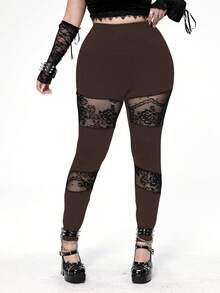 Whyspr Plusstorlek gotisk punkstil mångsidiga elastiska leggings i spets med lapptäcke - Brun - Visa 6