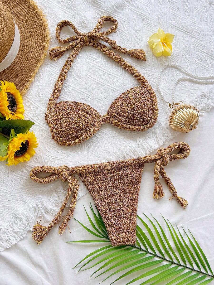 Soleia Conjunto de saída de praia triangular com amarração em corda grossa no pescoço para mulheres - Multicolorido - Ver 1