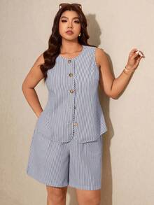 Elaquor Conjunto de 2 piezas de top de tirantes con botones y shorts a rayas, estilo casual de talla grande para verano - Azul Marino - Ver 6