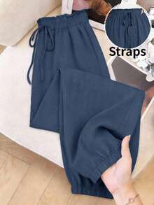 SHEIN Frenchy Pantalones largos de cintura alta con nudo delantero y estampado tropical para mujer, ideal para vacaciones de verano - Azul Marino - Ver 8