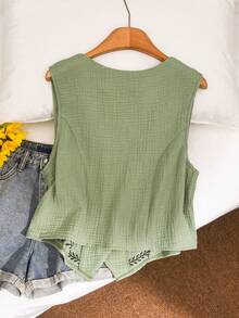 CosyJoli 大尺碼女款休閒刺繡上衣，無袖春夏款，鈕扣開襟，綠色可愛，日常穿著 - 綠色 - 查看 2