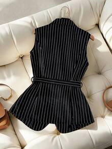GlowEve Áo vest nữ mùa hè kiểu dáng thường ngày/công sở, họa tiết kẻ sọc, cổ áo nhọn, có khóa cài. - Đen và trắng - Xem 2