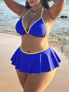 Swim SXY Bộ đồ bơi 2 mảnh cỡ lớn dành cho nữ, trang phục đi biển gợi cảm mùa hè: Áo hai dây in chấm bi và quần bikini xếp ly tương phản. - Màu xanh lam - Xem 5