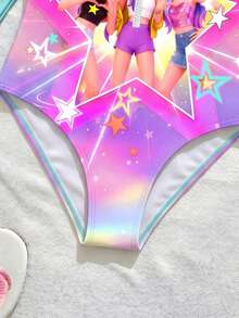 少女渐变色韩流字母星星卡通人物印花拉链长袖连体泳衣，适合夏季海滩、泳池、水上运动 - 彩色 - 查看 5