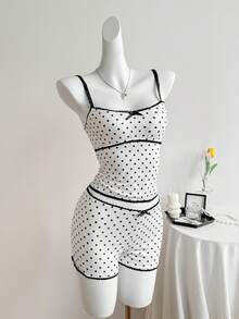 SHEIN PETITE Ensemble 2 pièces pour femmes composé d'un débardeur romantique en dentelle à pois blancs pour le printemps/été et d'un short confortable avec garniture en dentelle - Blanc - Voir 3