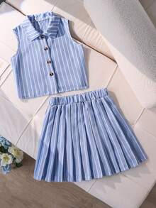 SHEIN Tween Girls' Summer Casual Vacation & Commute Striped Print Sleeveless Shirt And Pleated Mini Skirt Set - Blue - View 1