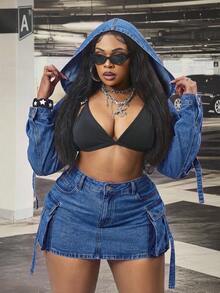 Slaydiva Plus Size Solid Color Sexy Vintage Washed Denim Long Sleeve Jacket - Dark Wash - View 3