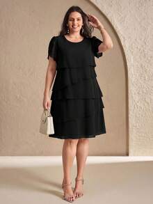 Reflora Plus Size Women Solid Color Round Neck Casual Party & Outing Dress - Black - View 8