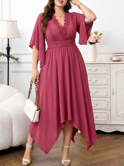 Reflora Plus Size Women's Elegant Dress, Asymmetric Hem, Flowy, Waist Cinched Slimming, Lace Trim, V-Neck, Summer Carnival Costume Carnival Women Look 2026 Women Carnival Costume Carnival Outfit Carnival Costume For Women Women's Carnival Costume Summer Outfits For Women Summer Clothes Summer Vacation Outfits Summer Outfits For Woman Summer Clothes Women Elegant Dresses For Women Elegant Dress For Women Elegant Dresses For Party Elegant Dress Women High-Quality Dress Shirts Suitable For Various Occasions, Such As: Commuting To Work, Casual Wear At Home, Going For A Walk, Visiting Neighbors And Friends, And Shopping.