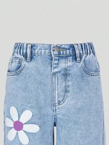 SHEIN 女童宽松喇叭牛仔裤，新款上市，Y2K风格，浅蓝色牛仔布，3D雏菊刺绣，松紧腰带，舒适棉质牛仔面料，适合上学、通勤、暑假、户外聚会等多种场合。 - 藍色 - 查看 5