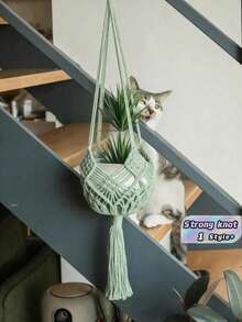 Giá treo cây phong cách Boho Macrame - Giỏ treo bằng dây cotton đan thủ công dùng cho cây trồng trong nhà và ngoài trời, giá đỡ chậu hoa trang trí nhà cửa. - màu xanh lá - Xem 1