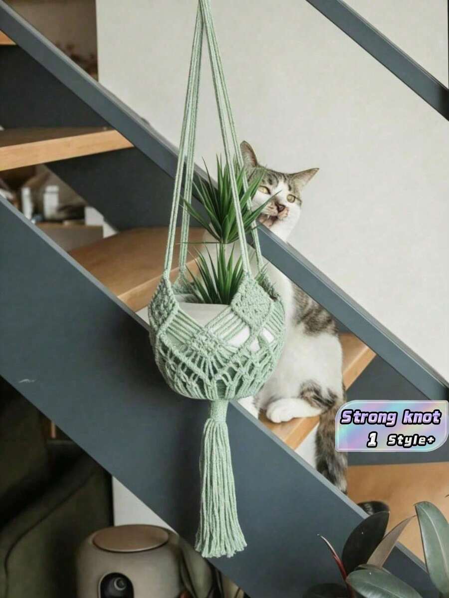 Giá treo cây phong cách Boho Macrame - Giỏ treo bằng dây cotton đan thủ công dùng cho cây trồng trong nhà và ngoài trời, giá đỡ chậu hoa trang trí nhà cửa. - màu xanh lá - Xem 1