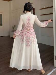 Modelyn Đầm dài tay in họa tiết, xếp ly, thắt eo dành cho nữ - Hồng - Xem 2
