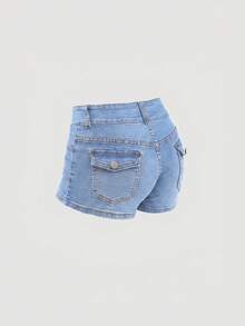 Girlism Shorts vaqueros elásticos de tiro medio para verano - Negro - Ver 2