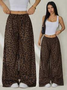 SHEIN PETITE Women's Casual Leopard Print Drawstring Waist Loose Pants - Brown - View 9