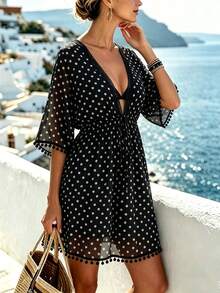 Breezaya 2026 New Elegant Women's Chiffon Cover Up, Flowy Vacation Style, Black, Suitable For Outings, Lace Patchwork, Tassel Trim - Black - View 4