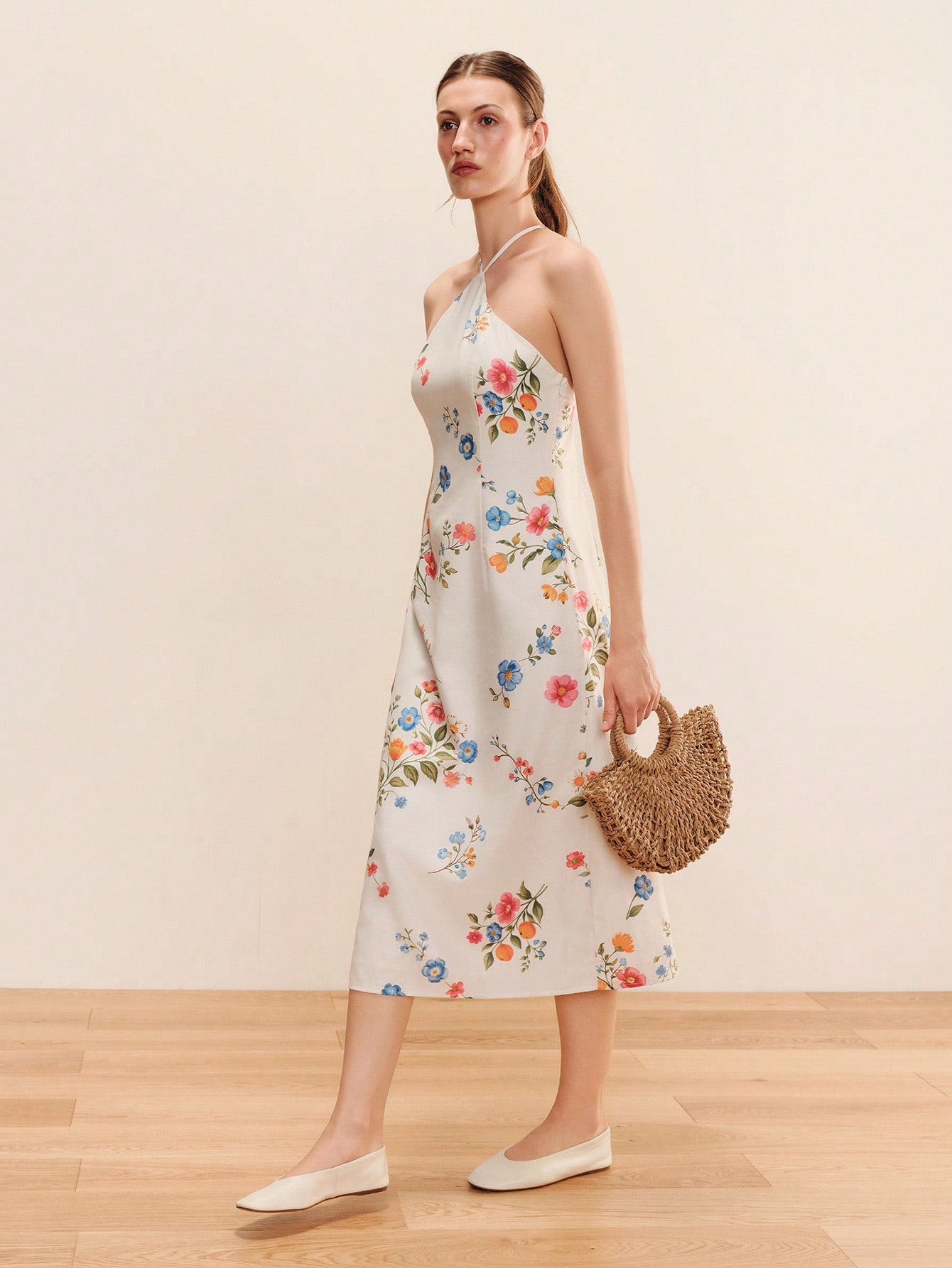 White Floral Print Halter Neck Midi Dress With Lace Up Back Boho Summer Vintage Dress Holiday Dress French Style Evening Dress