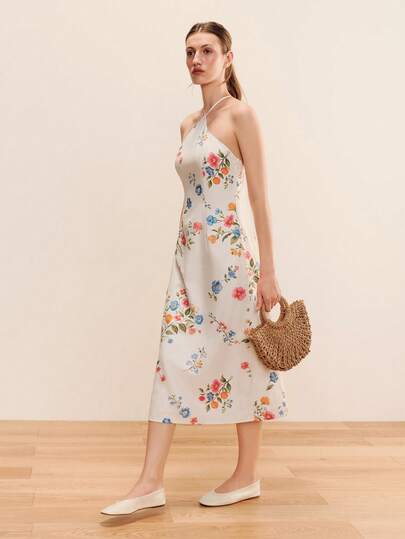 lacRébo Đầm midi cổ yếm họa tiết hoa trắng, buộc dây phía sau, phong cách boho mùa hè, vintage, đầm dự tiệc kiểu Pháp.