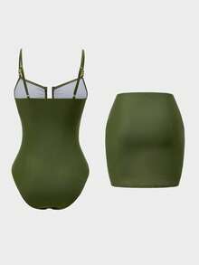 Swim Oasis 女士纯色褶皱连体泳衣，配同色罩裙，度假必备 - 軍綠色 - 查看 2