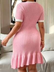 Plus Size Women Elegant Metal Button Waist Ruffle Hem Knit Midi Dress - Pink - View 2