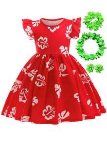 MINKOJA MINKOJA Đầm kiểu Hawaii mùa hè cho bé gái với họa tiết lá trắng - Bao gồm bộ vòng hoa Luau, trang phục Halloween, lễ hội Carnival, Giáng sinh, trang phục hóa trang, váy Hula cho trẻ em, trang phục dạ hội. - Đỏ - Xem 2