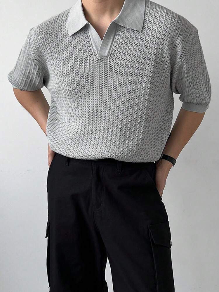 Light Grey Short Sleeve Polo Neck Knit Top For Men